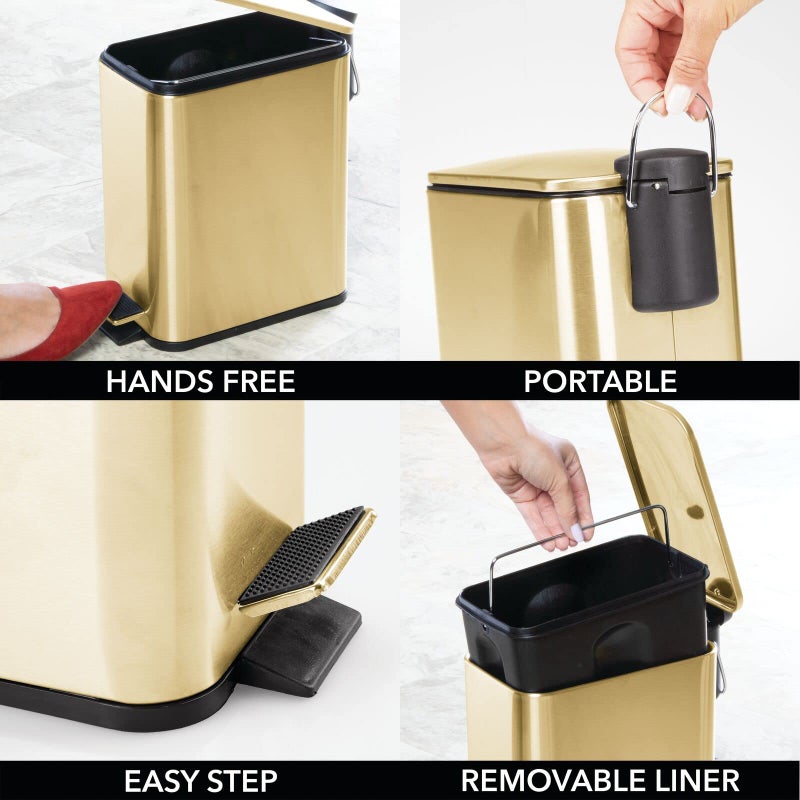 mDesign 1.3 Gallon Rectangular Slim Metal Trash Can w/ Foot Pedal, Easy-Close Lid, Narrow Wastebasket, Garbage Container Bin - Bathroom, Bedroom, Kitchen, Home Office, Removable Liner- Soft Brass - Image 4