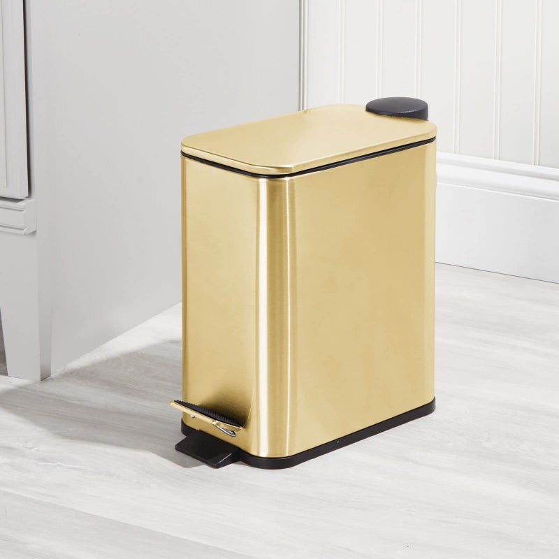 mDesign 1.3 Gallon Rectangular Slim Metal Trash Can w/ Foot Pedal, Easy-Close Lid, Narrow Wastebasket, Garbage Container Bin - Bathroom, Bedroom, Kitchen, Home Office, Removable Liner- Soft Brass - Image 2