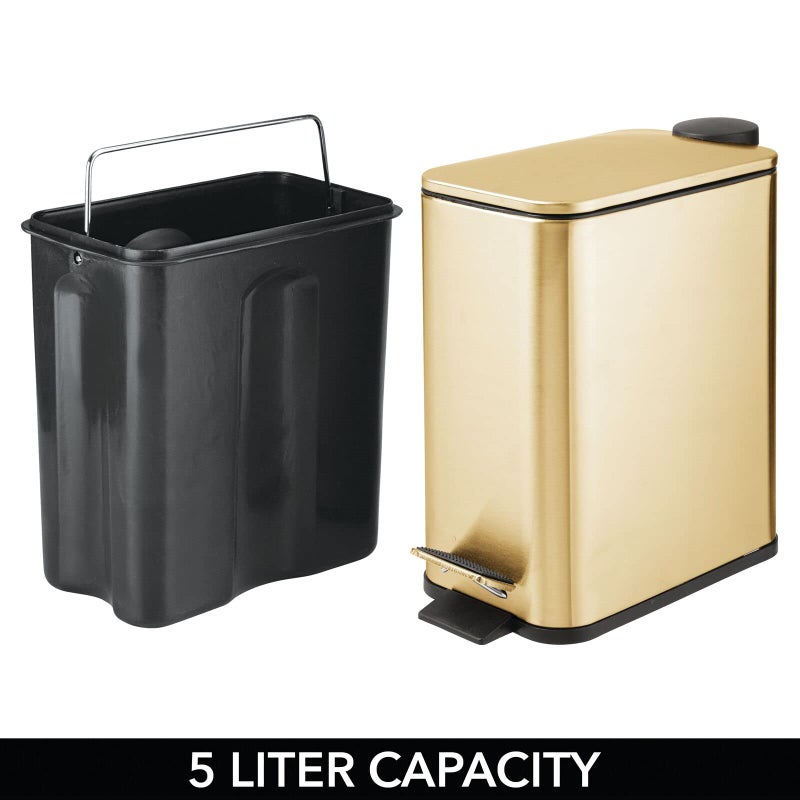 mDesign 1.3 Gallon Rectangular Slim Metal Trash Can w/ Foot Pedal, Easy-Close Lid, Narrow Wastebasket, Garbage Container Bin - Bathroom, Bedroom, Kitchen, Home Office, Removable Liner- Soft Brass - Image 5
