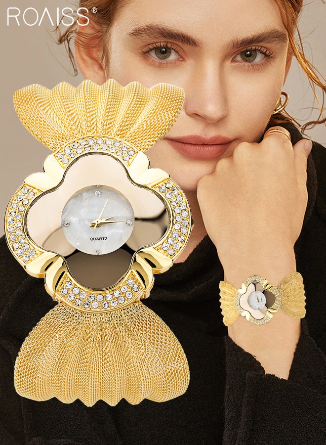 رويس ساعة كوارتز نسائية فريدة بسوار، ساعة ذات قرص على شكل بتلة مع زخرفة أحجار الراين، ساعة بحزام شبكي فاخرة كهدية للسيدات - Image 1