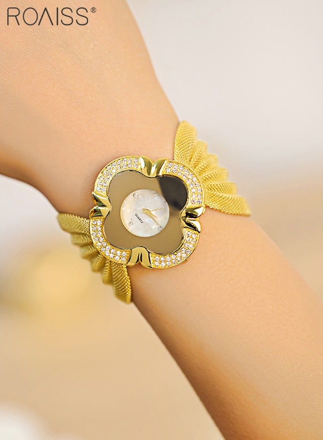 رويس ساعة كوارتز نسائية فريدة بسوار، ساعة ذات قرص على شكل بتلة مع زخرفة أحجار الراين، ساعة بحزام شبكي فاخرة كهدية للسيدات - Image 2