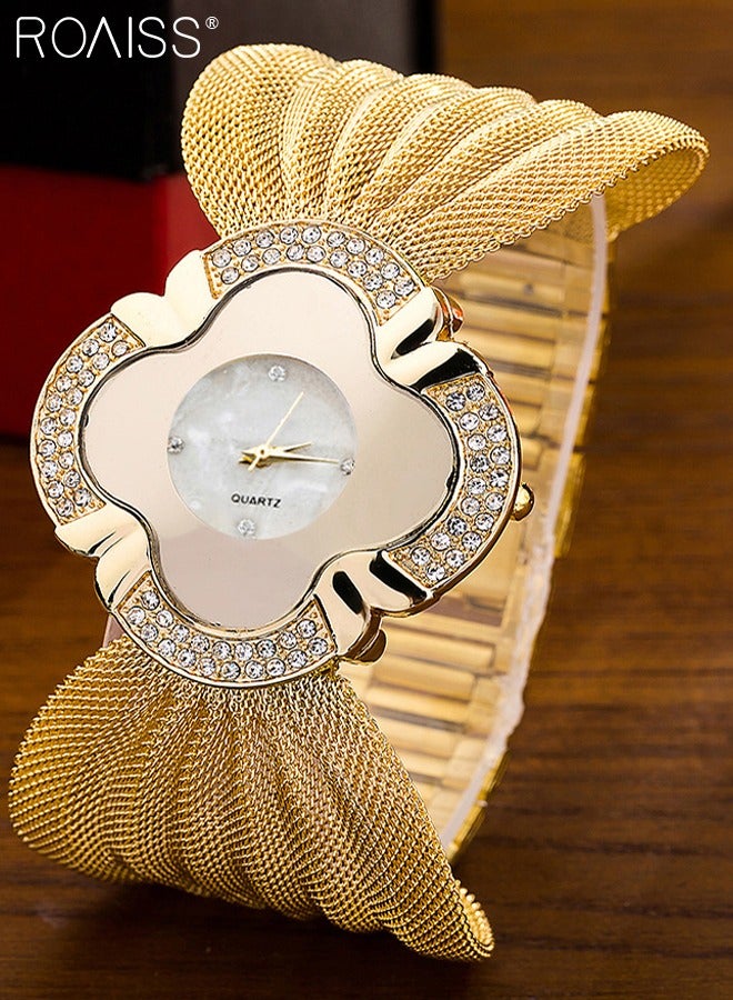 رويس ساعة كوارتز نسائية فريدة بسوار، ساعة ذات قرص على شكل بتلة مع زخرفة أحجار الراين، ساعة بحزام شبكي فاخرة كهدية للسيدات - Image 3