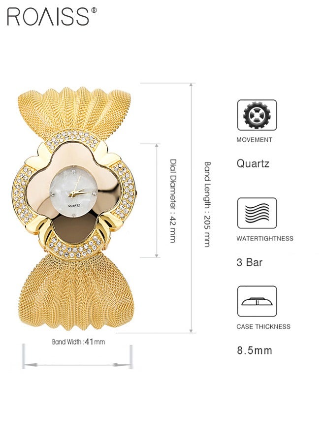 رويس ساعة كوارتز نسائية فريدة بسوار، ساعة ذات قرص على شكل بتلة مع زخرفة أحجار الراين، ساعة بحزام شبكي فاخرة كهدية للسيدات - Image 4