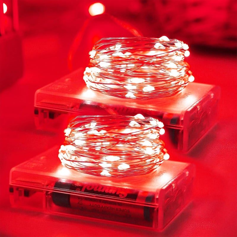 YAOZHOU Christmas Decorations Red Fairy String Lights, Battery Operated with Timer, 2 Pack Total 33FT 100 Led Mini Battery Powered Twinkle Mason Jar Waterproof Firefly Lights DIY Party Halloween - Image 1
