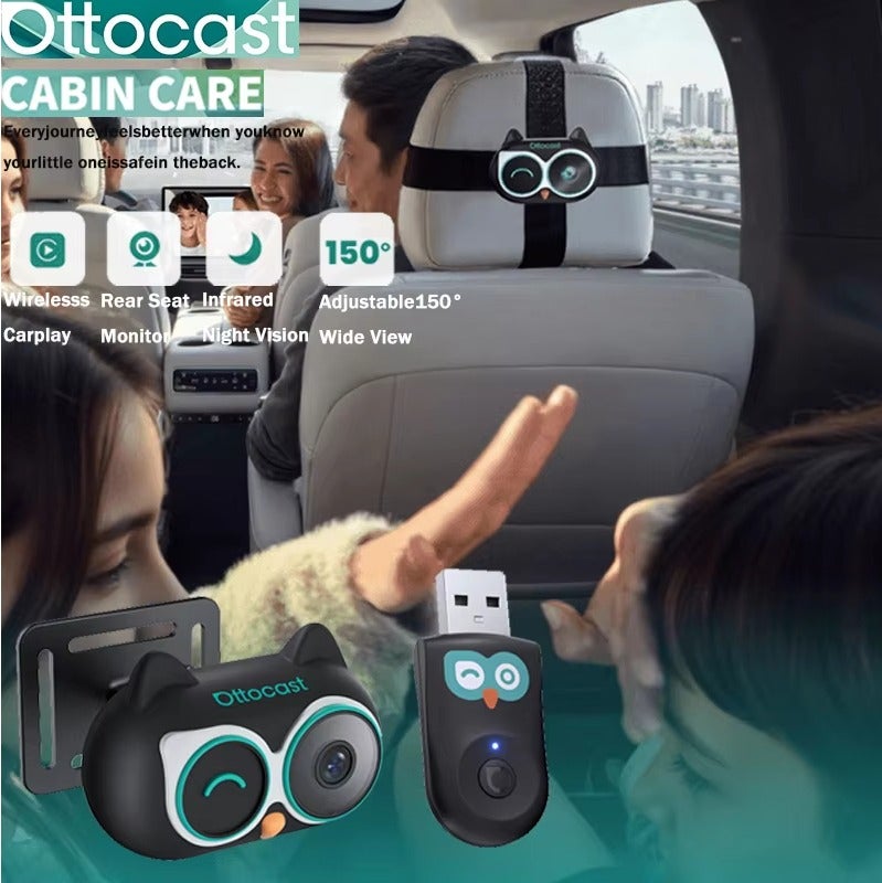 Ottocast Cabin Care Wireless CarPlay Adapter Baby Car Camera 1080P HD 150° Wide Angle Night Vision Rear Seat Monitor, compatible with 98% of cars. - Image 1