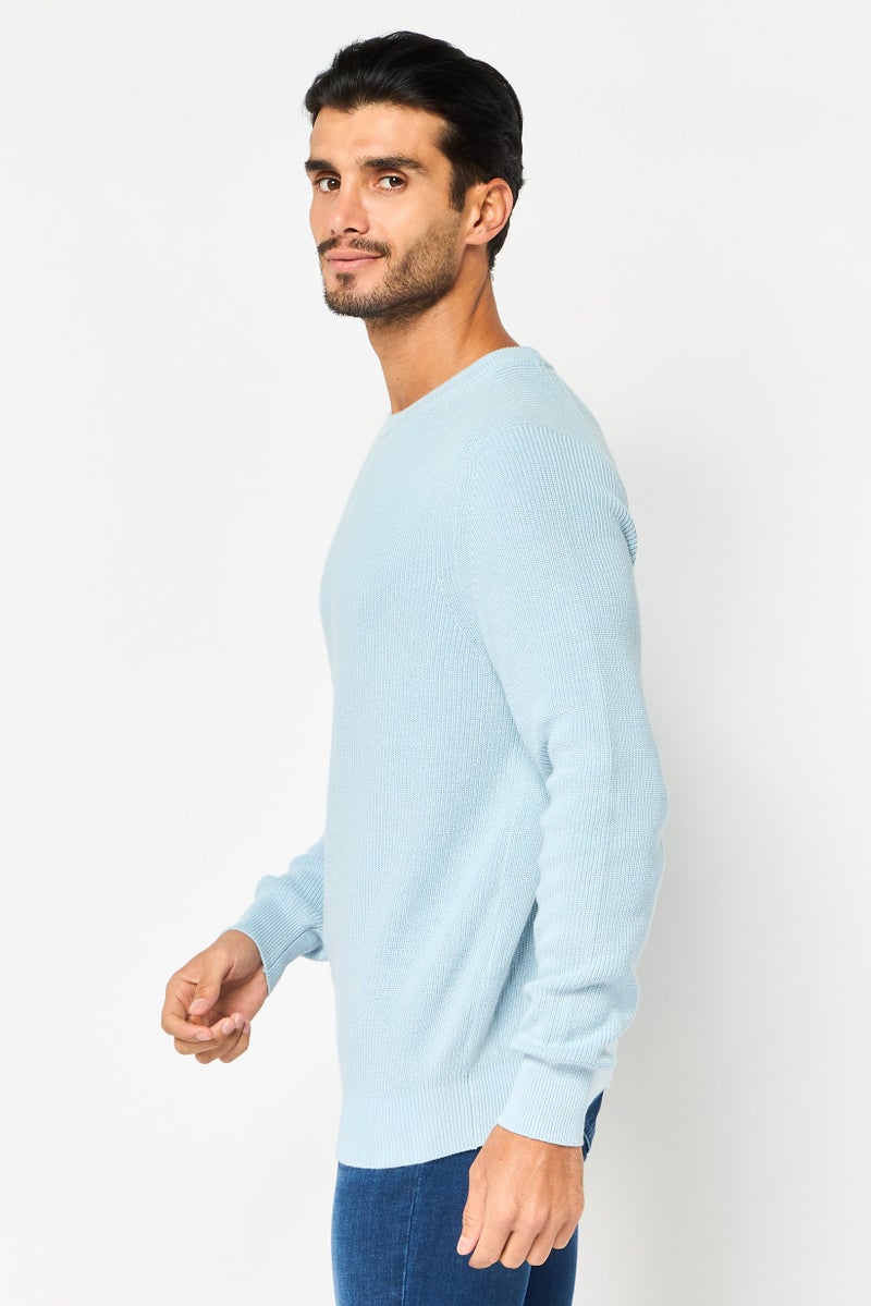 Celio Men Crew Neck Textured Long Sleeve Sweater, Light Blue - Image 3