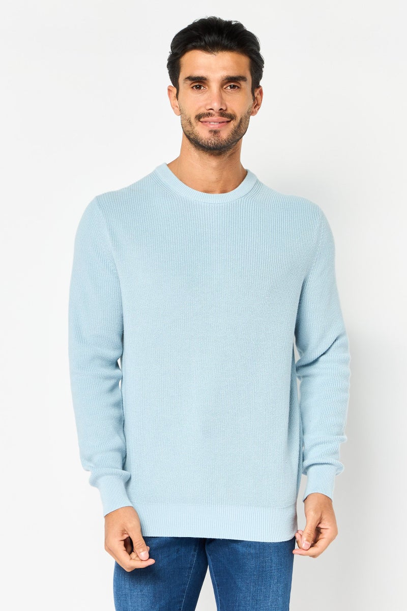 Celio Men Crew Neck Textured Long Sleeve Sweater, Light Blue - Image 1