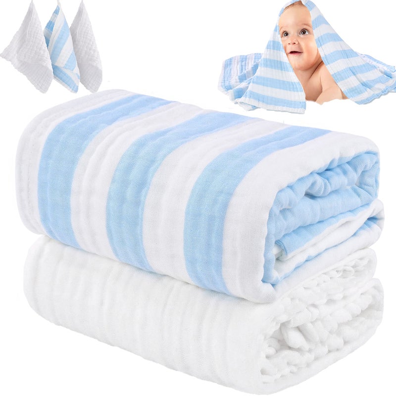 HardNok Muslin Baby Bath Towel Set 2 Large Gauze Super Soft Baby Bath Towel and 3 Washcloths 6 Layers 100 Cotton Infant Towel Newborn Towel Blanket Suitable for Babys Delicate SkinBule