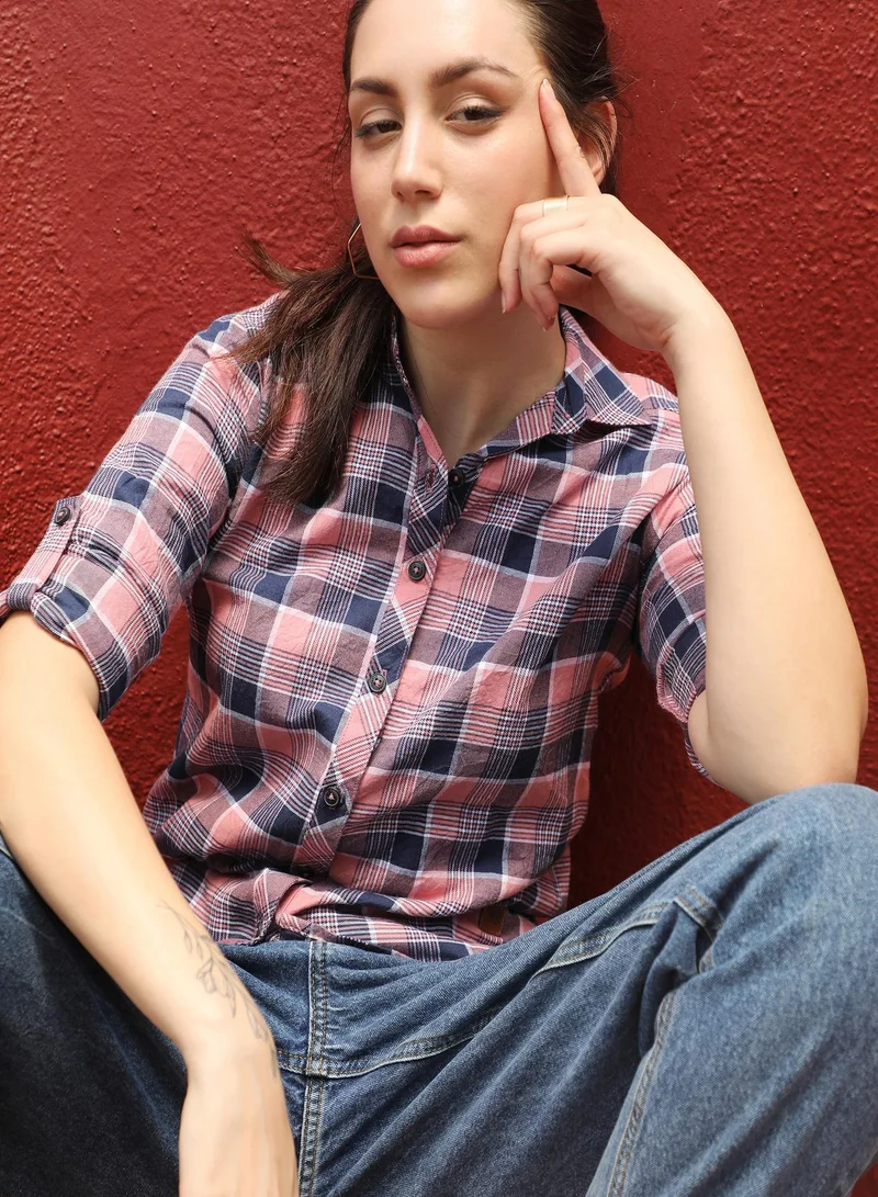 Campus Sutra Pinacolada Women's Graphite Grey Tartan Plaid Shirt For Casual Wear | Spread Collar | Long Sleeve | Button Closure | Shirt Designed With Comfortable Fit For Woman & Girls