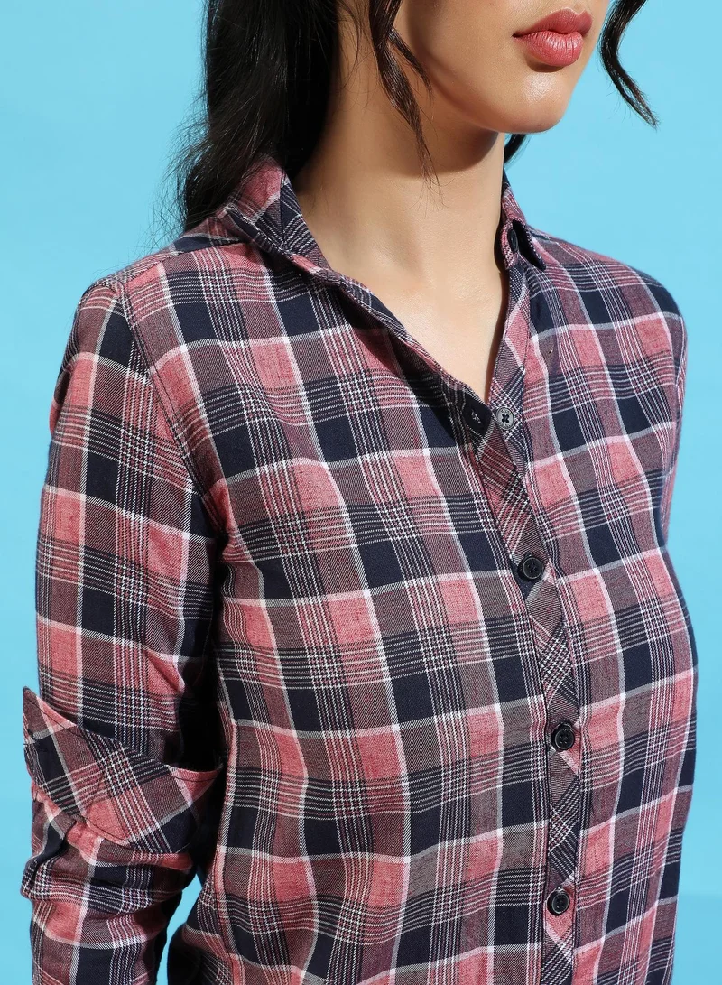 Campus Sutra Pinacolada Women's Graphite Grey Tartan Plaid Shirt For Casual Wear | Spread Collar | Long Sleeve | Button Closure | Shirt Designed With Comfortable Fit For Woman & Girls