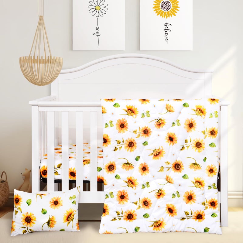 JISEN 3 Piece Baby Crib Bedding Set for Girls - Soft Floral Crib Comforter Set with Crib Sheet Comforter and Pillowcase Sunflowers - Image 1