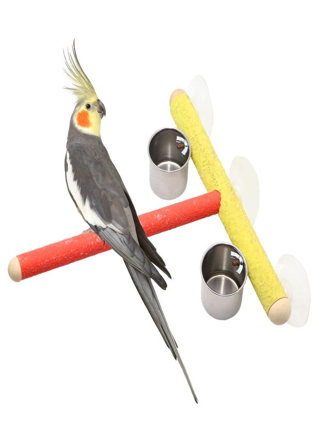 Litewoo Wood Pet Bird Stand Perch Parrot Bath Stands Suppllies Bird Stand Pet Standing Platform Frame Pet Toy with Cup (Random Color) (Design 3 (2 Cups)) - Image 1