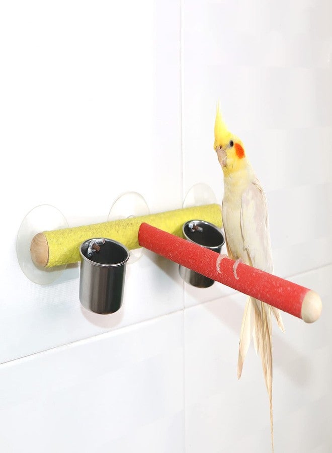Litewoo Wood Pet Bird Stand Perch Parrot Bath Stands Suppllies Bird Stand Pet Standing Platform Frame Pet Toy with Cup (Random Color) (Design 3 (2 Cups)) - Image 5