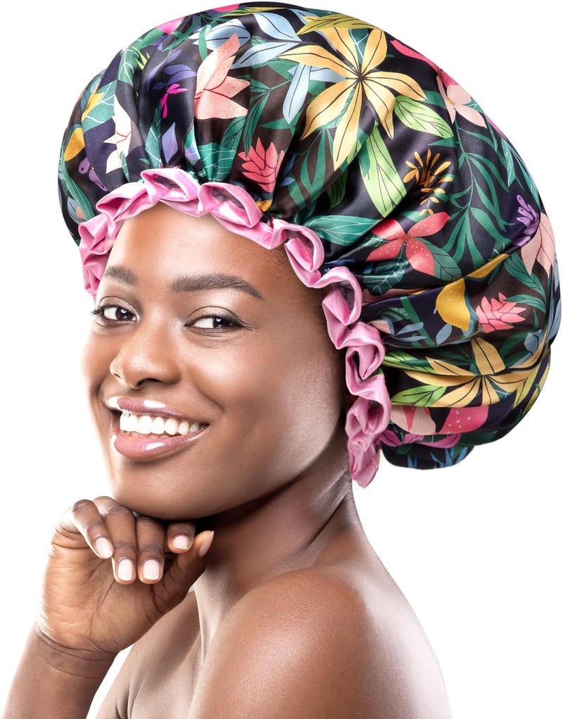 mikimini Reusable Shower Cap for Women Long Hair Wide SecureFit Elastic Band Large Double Layer Waterproof Bath Cap Washable Bath Cap with Rainforest Design