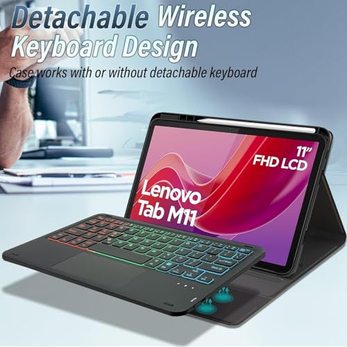 RTSY Keyboard Case for Lenovo Tab M11 (11" 2024)- TB330FU/TB330XU with 7-Colors Backlit & Multi Touch Trackpad, Magnetically Detachable Smart Touchpad Wireless KB - Image 3