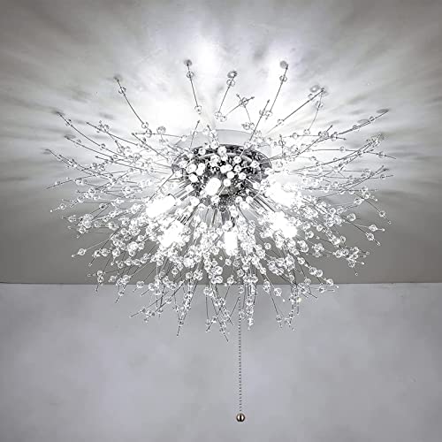 HMVPL Crystal Flush Mount Ceiling Light Fixture with Pull Chain OnOff Switch LED Close to Ceiling Lamp Pull Chain Light Fixture Ceiling Mount Modern Crystal Chandelier for Kitchen Bedroom Entryway - Image 1