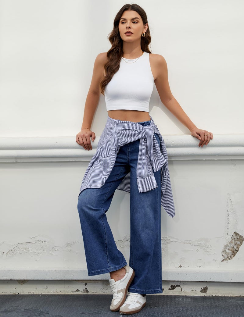 luvamia Wide Leg Jeans Woman High Waisted Trendy Pull On Elastic Waist Drawstring Stretchy Denim Jean Pants with Pockets Womens Baggy Jeans Darkness Blue X-Large Fits Size 16 Size 18 - Image 4