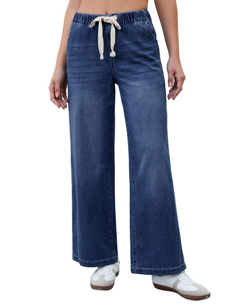 luvamia Wide Leg Jeans Woman High Waisted Trendy Pull On Elastic Waist Drawstring Stretchy Denim Jean Pants with Pockets Womens Baggy Jeans Darkness Blue X-Large Fits Size 16 Size 18 - Image 1