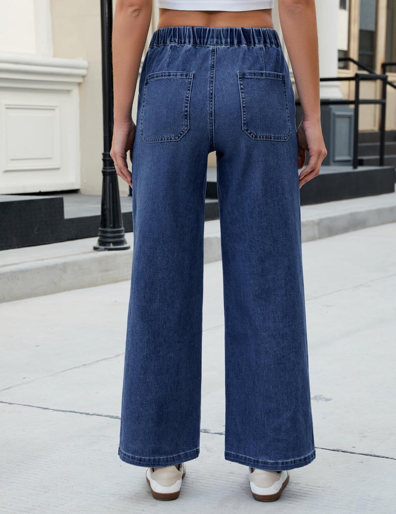 luvamia Wide Leg Jeans Woman High Waisted Trendy Pull On Elastic Waist Drawstring Stretchy Denim Jean Pants with Pockets Womens Baggy Jeans Darkness Blue X-Large Fits Size 16 Size 18 - Image 2