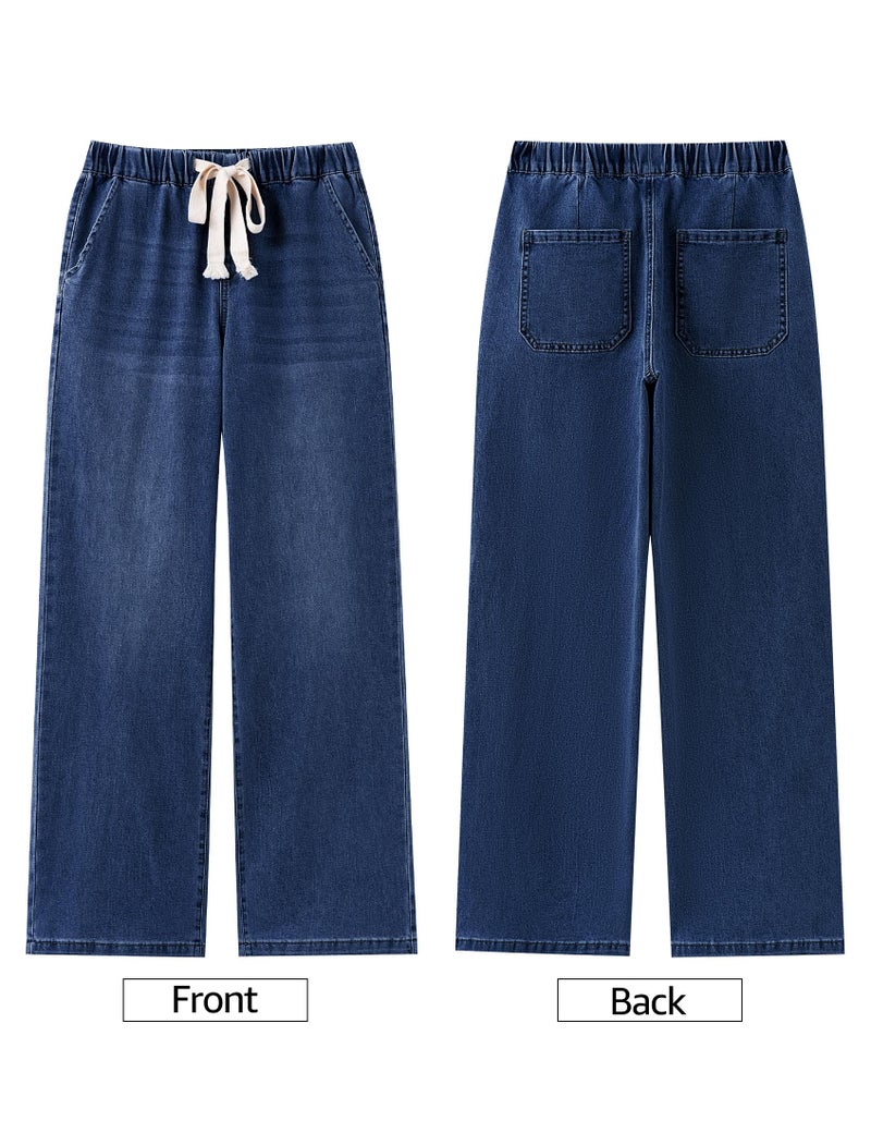 luvamia Wide Leg Jeans Woman High Waisted Trendy Pull On Elastic Waist Drawstring Stretchy Denim Jean Pants with Pockets Womens Baggy Jeans Darkness Blue X-Large Fits Size 16 Size 18 - Image 5
