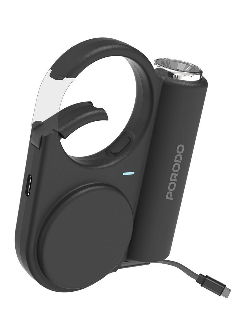 porodo Outdoor Power Bank 5000mAh With 70 cm Retractable Type-C Cable, Flash Light & SOS Modes, Adjustable Brightness, For for camping, hiking, or emergencies, Compatible with iPhone, Samsung & Android Phones - Black - Image 1