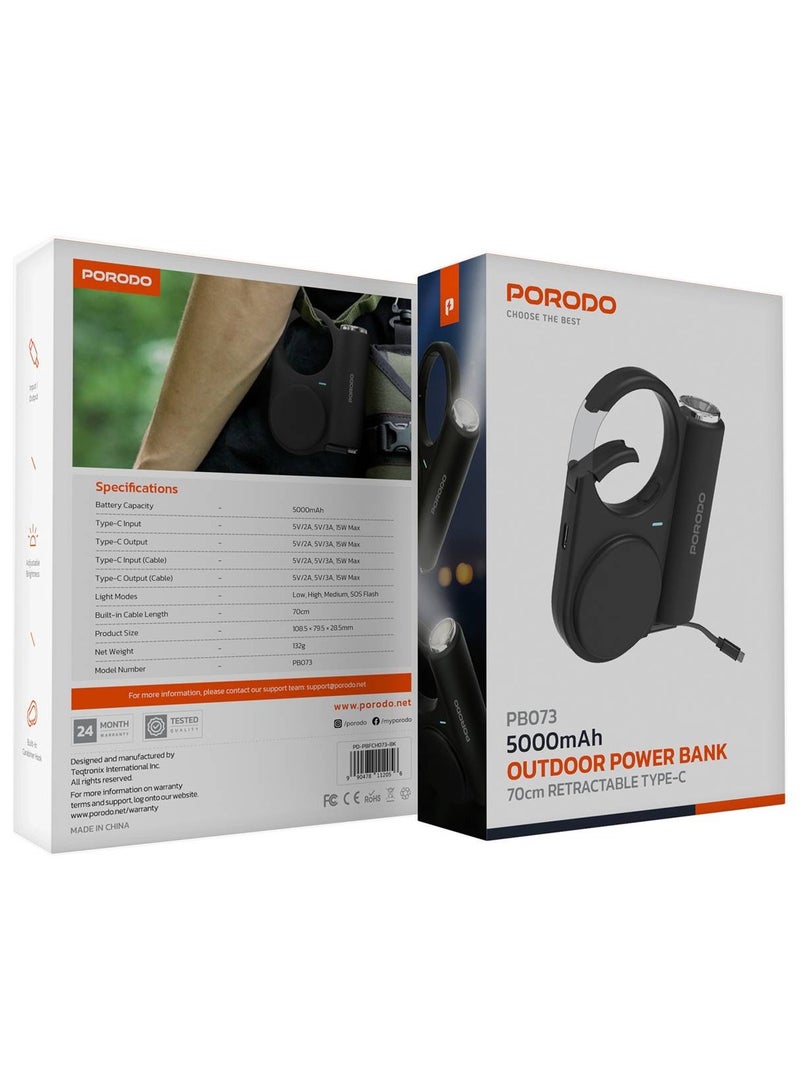 porodo Outdoor Power Bank 5000mAh With 70 cm Retractable Type-C Cable, Flash Light & SOS Modes, Adjustable Brightness, For for camping, hiking, or emergencies, Compatible with iPhone, Samsung & Android Phones - Black - Image 2