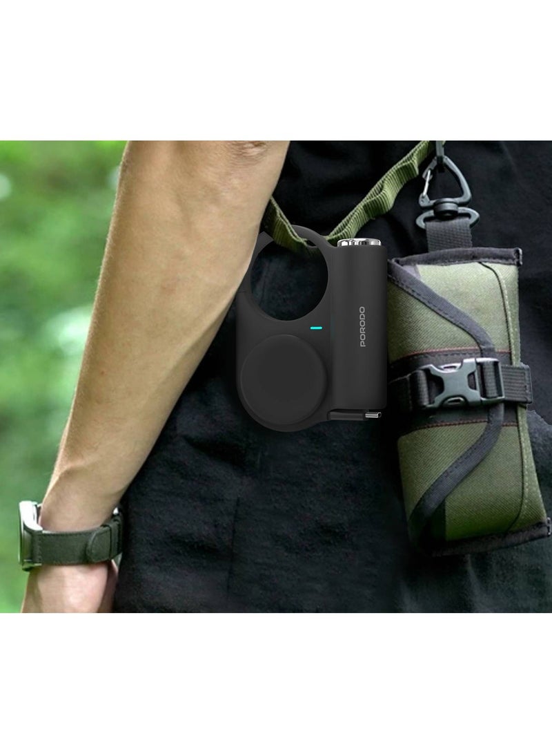 porodo Outdoor Power Bank 5000mAh With 70 cm Retractable Type-C Cable, Flash Light & SOS Modes, Adjustable Brightness, For for camping, hiking, or emergencies, Compatible with iPhone, Samsung & Android Phones - Black - Image 3