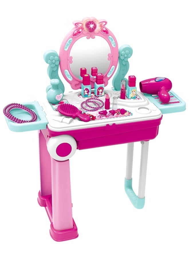 DAT Portable Pretend Vanity Beauty Play Set with Light & Sound, Kids Makeup Table Toy with Mirror, Hair Dryer & Accessories - Image 1