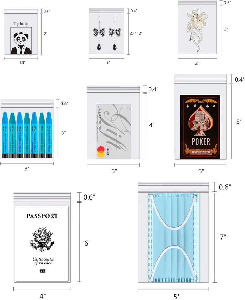 BornFeel Clear Resealable Zipper Poly Bags - 300pcs, 1.5" x 2", 2 Mil, 8 Sizes, Ideal for Jewelry, Vitamins, Beads, Crafts, Coins, Candy - Image 4