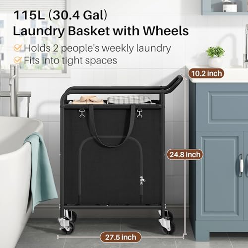 Branwick Laundry Basket with Wheels,150L Large Rolling Laundry Hamper, Heavy-Duty Laundry Cart Sturdy Metal Frame with Handle, Minimizes Bending Easy Access Clothing for Bedroom, Bathroom, Laundry Room (Black) - Image 2