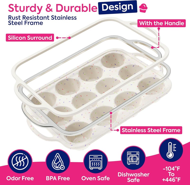 RICCLE 2 Pack Silicone Muffin Pan with Metal Reinforced Frame, 12-Cup Cupcake Pan, Silicone Muffin Tray Cupcake Baking Pan Molds, Molds for baking, Oven & Dishwasher Safe, BPA-Free - Image 3