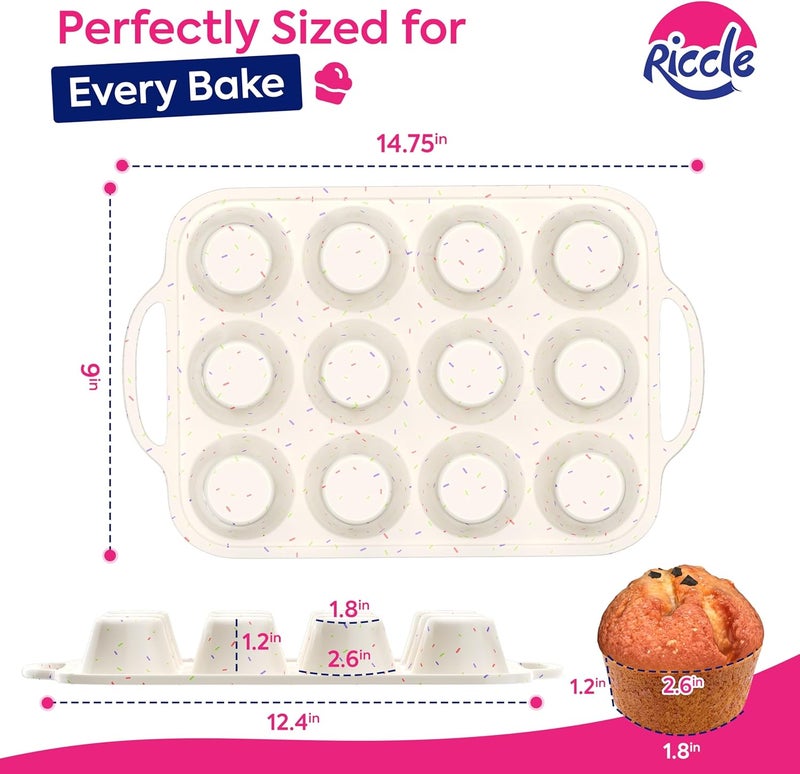 RICCLE 2 Pack Silicone Muffin Pan with Metal Reinforced Frame, 12-Cup Cupcake Pan, Silicone Muffin Tray Cupcake Baking Pan Molds, Molds for baking, Oven & Dishwasher Safe, BPA-Free - Image 2