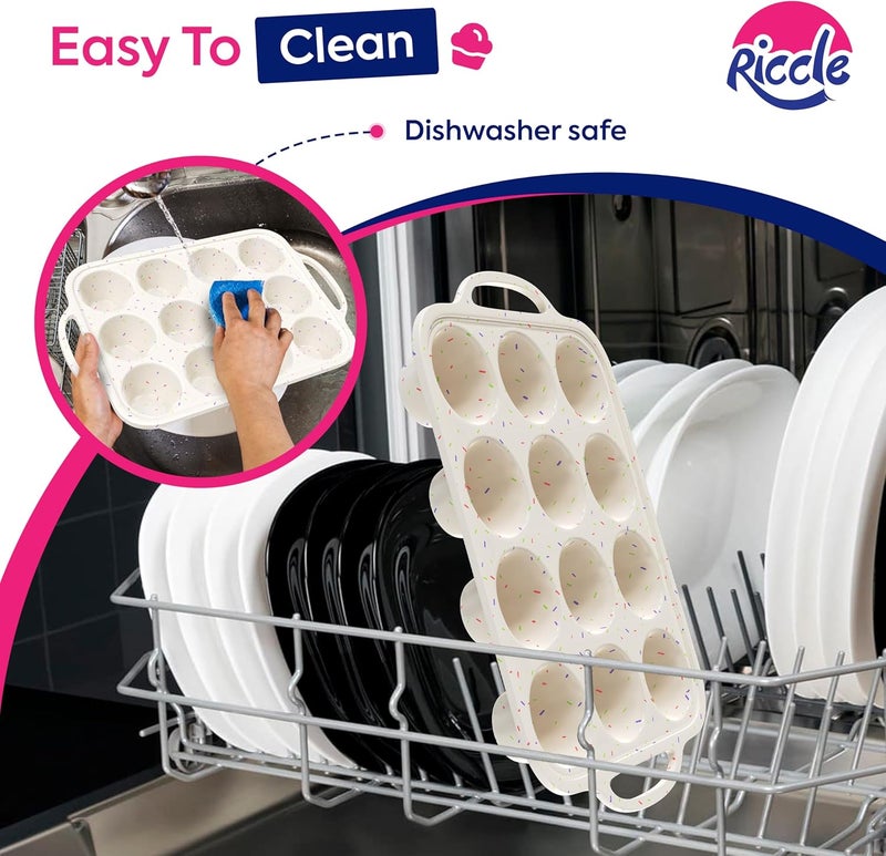 RICCLE 2 Pack Silicone Muffin Pan with Metal Reinforced Frame, 12-Cup Cupcake Pan, Silicone Muffin Tray Cupcake Baking Pan Molds, Molds for baking, Oven & Dishwasher Safe, BPA-Free - Image 4