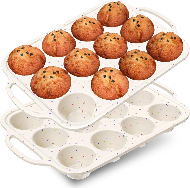RICCLE 2 Pack Silicone Muffin Pan with Metal Reinforced Frame, 12-Cup Cupcake Pan, Silicone Muffin Tray Cupcake Baking Pan Molds, Molds for baking, Oven & Dishwasher Safe, BPA-Free - Image 1