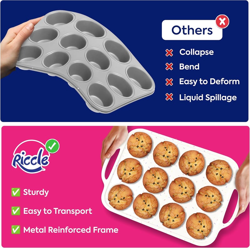RICCLE 2 Pack Silicone Muffin Pan with Metal Reinforced Frame, 12-Cup Cupcake Pan, Silicone Muffin Tray Cupcake Baking Pan Molds, Molds for baking, Oven & Dishwasher Safe, BPA-Free - Image 5