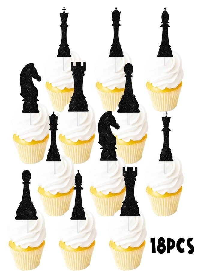 LETLIMIT 18pcs Black Glitter International Chess Silhouettes Dessert Cupcake Topper Baby Shower Board Game Theme Decor Supplies Boys Girls Happy Birthday Decorations - Image 3