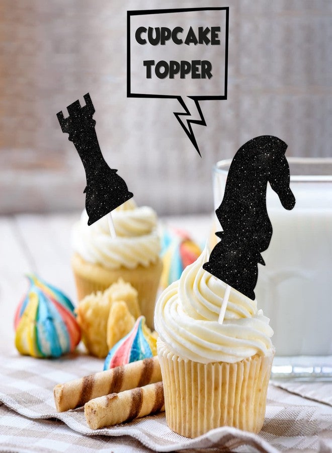 LETLIMIT 18pcs Black Glitter International Chess Silhouettes Dessert Cupcake Topper Baby Shower Board Game Theme Decor Supplies Boys Girls Happy Birthday Decorations - Image 5