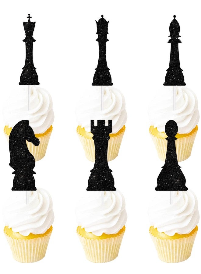 LETLIMIT 18pcs Black Glitter International Chess Silhouettes Dessert Cupcake Topper Baby Shower Board Game Theme Decor Supplies Boys Girls Happy Birthday Decorations - Image 1
