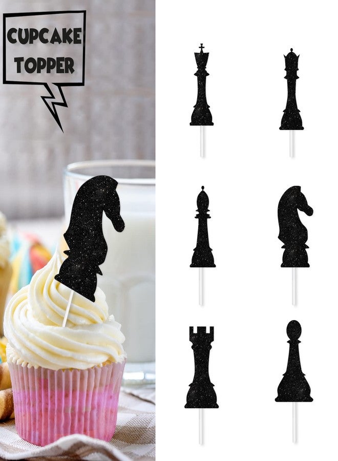 LETLIMIT 18pcs Black Glitter International Chess Silhouettes Dessert Cupcake Topper Baby Shower Board Game Theme Decor Supplies Boys Girls Happy Birthday Decorations - Image 2