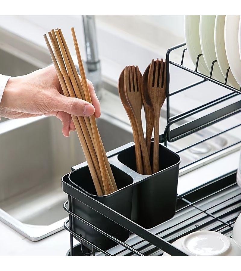 Black Plastic Chopstick Holder with Dual Cups for Kitchen Utensil Storage and Draining - Image 1