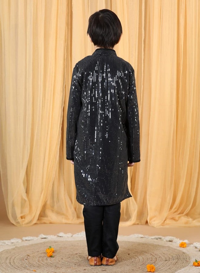 PICCOLO Boy's Black Sequence Kurta Pyjama Set Sequin Boy's Ethnic Kurta Pyjama Set, 3-4Years - Image 3