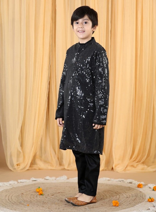PICCOLO Boy's Black Sequence Kurta Pyjama Set Sequin Boy's Ethnic Kurta Pyjama Set, 3-4Years - Image 4