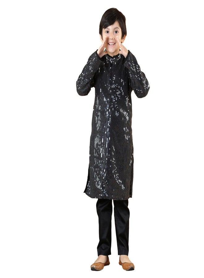 PICCOLO Boy's Black Sequence Kurta Pyjama Set Sequin Boy's Ethnic Kurta Pyjama Set, 3-4Years - Image 1
