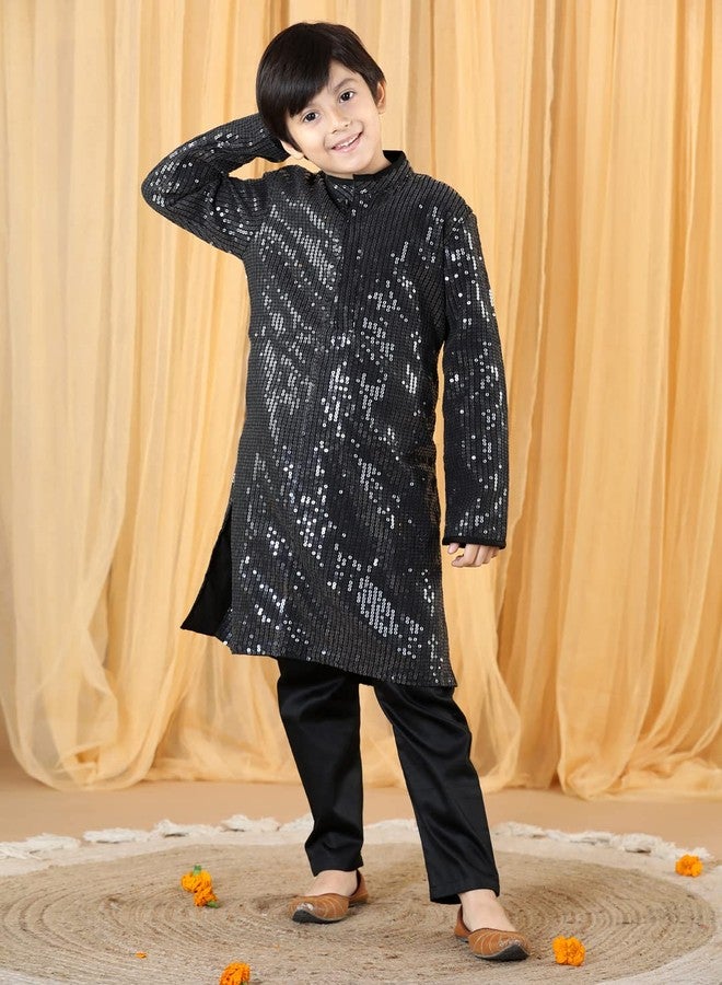 PICCOLO Boy's Black Sequence Kurta Pyjama Set Sequin Boy's Ethnic Kurta Pyjama Set, 3-4Years - Image 2