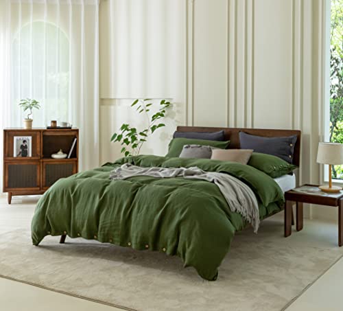 EVERLY 100 Pure Linen Duvet Cover Set Queen Size90X90Inch 3pcs 1 Duvet Cover2 Pillowcases Soft and Breathable for All Season with Coconut Button Closure Suitable for Hot SleepersMossy Green - Image 3