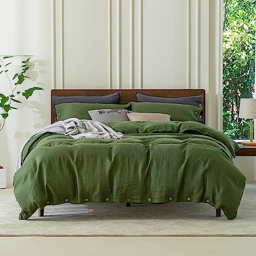 EVERLY 100 Pure Linen Duvet Cover Set Queen Size90X90Inch 3pcs 1 Duvet Cover2 Pillowcases Soft and Breathable for All Season with Coconut Button Closure Suitable for Hot SleepersMossy Green - Image 1