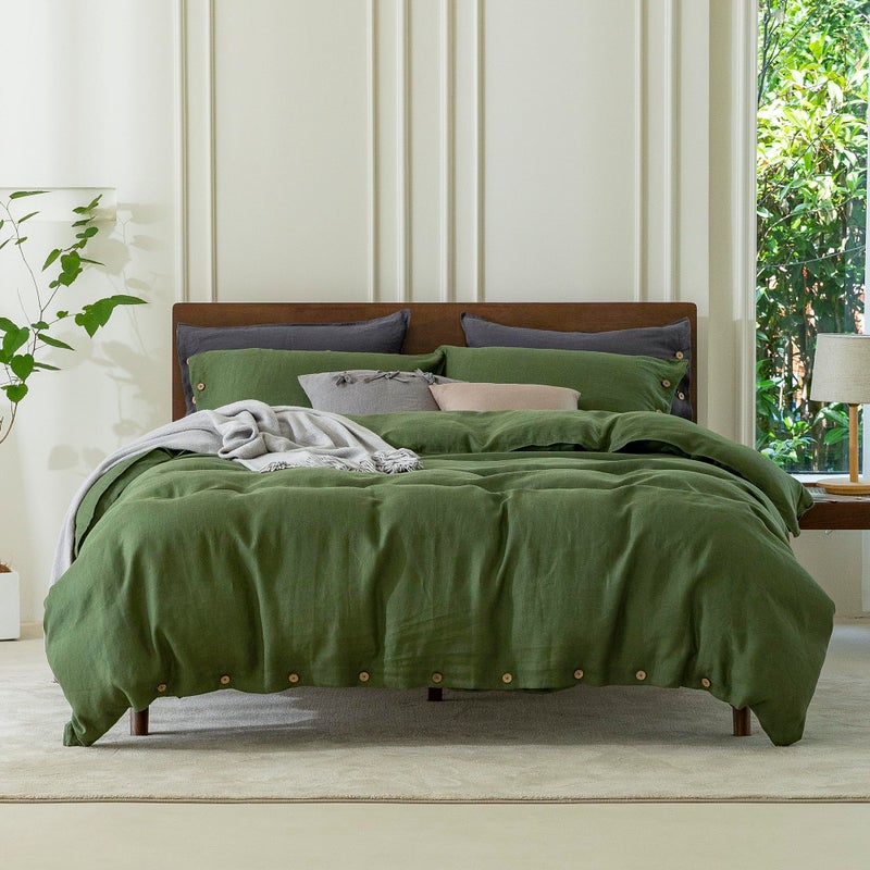 EVERLY 100 Pure Linen Duvet Cover Set Queen Size90X90Inch 3pcs 1 Duvet Cover2 Pillowcases Soft and Breathable for All Season with Coconut Button Closure Suitable for Hot SleepersMossy Green - Image 2
