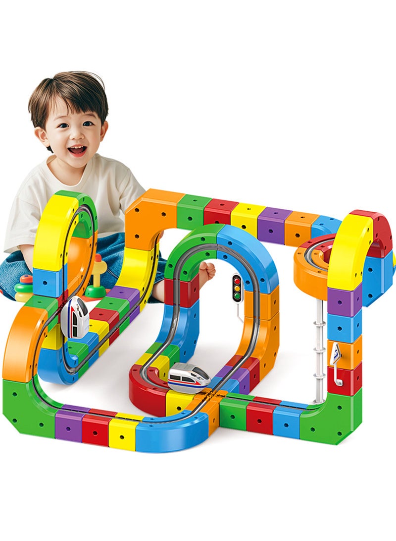 Electric Train Set, Flexible Track Fusion Train Set, DIY Race Car Track Building Kits with Train and Traffic Signs, for 4-10 Year Old Boys Girls Christmas Birthday Party Gifts (123pcs) - Image 1