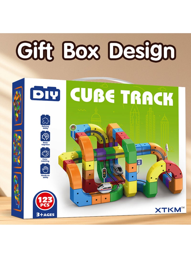 Electric Train Set, Flexible Track Fusion Train Set, DIY Race Car Track Building Kits with Train and Traffic Signs, for 4-10 Year Old Boys Girls Christmas Birthday Party Gifts (123pcs) - Image 4