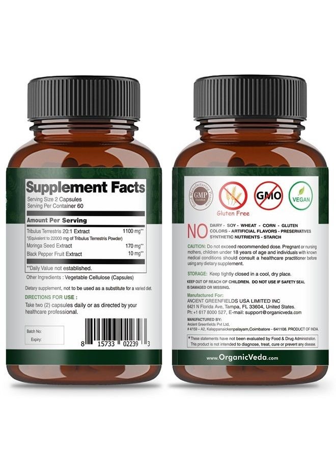 Organic Veda - Tribulus Terrestris Extract Capsules for Men - 22000mg -Tribulus Terrestris Supplements with Concentrated Moringa & Black Pepper - Energy & Stamina Booster - Non-GMO 120 Veggie Capsule - Image 1